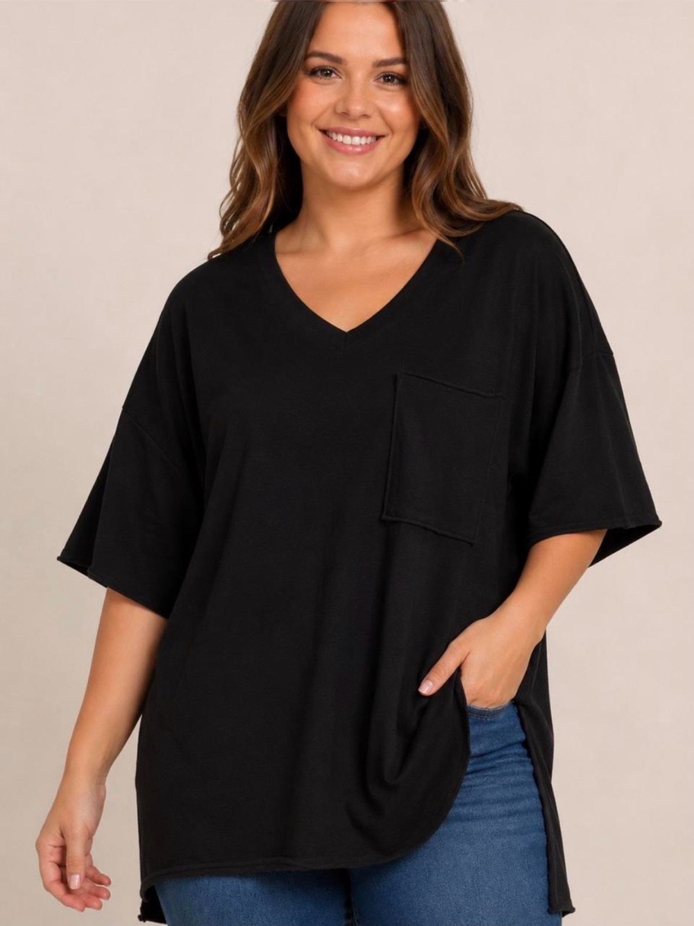 Zenana Front Pocket Raw Edge Boyfriend Tee | Black | NWT